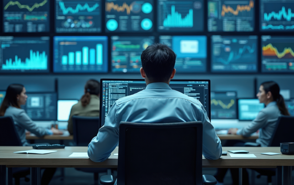 Person working at a desk in front of multiple monitors showing charts and data, with others working in the background.