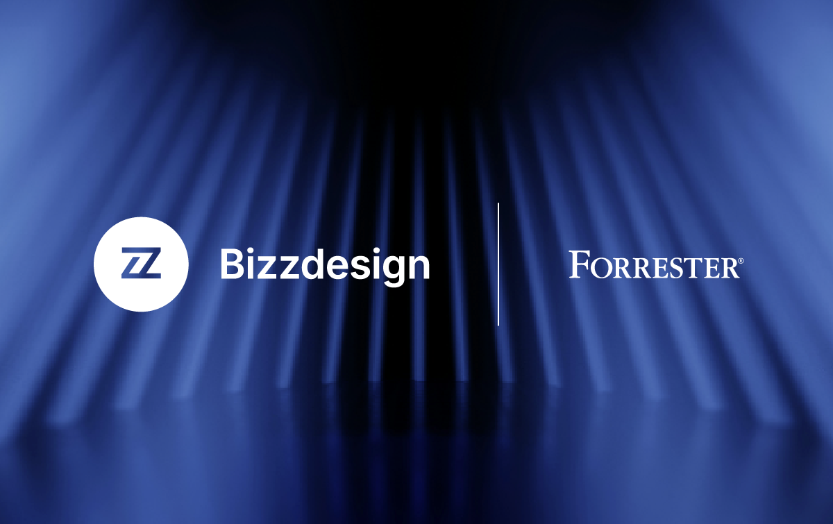 Bizzdesign and Forrester logos displayed side by side on a blue abstract background.