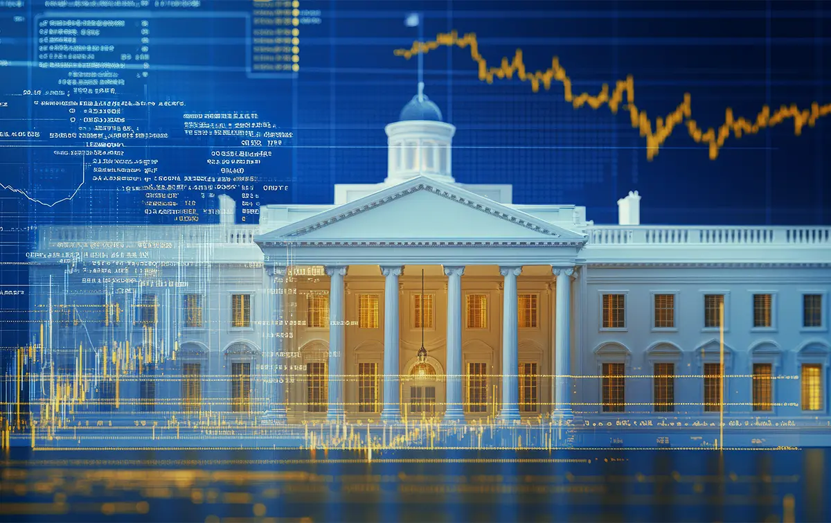 The White House overlaid with data, code, and performance charts, representing U.S. federal technology portfolio management and modernization.