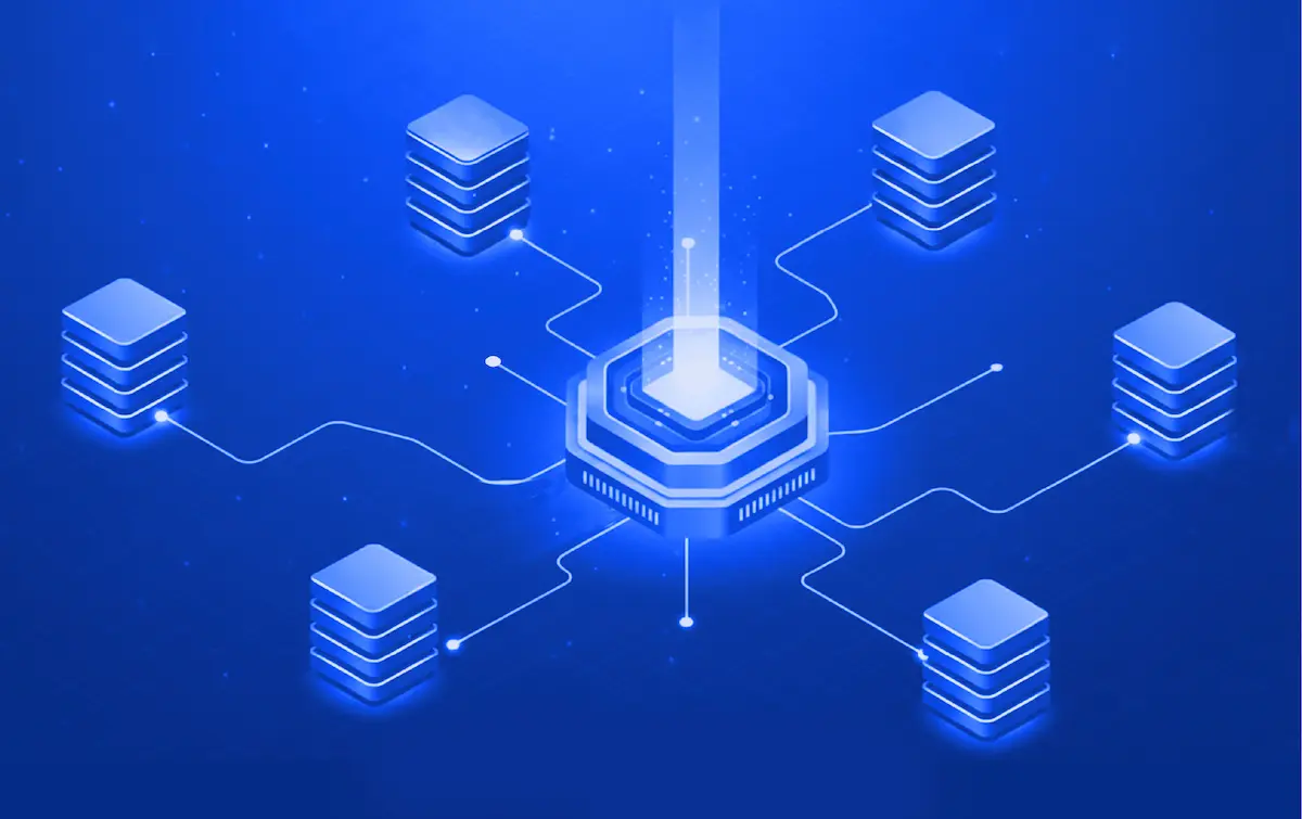 Blue illustration of a central digital twin platform connected to multiple organizational systems or data layers.