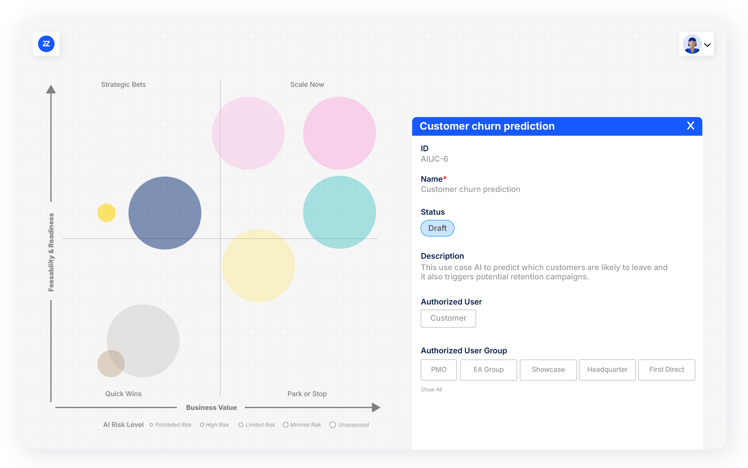 AI use case prioritization matrix plotting use cases by business value, feasibility and readiness, and AI risk level